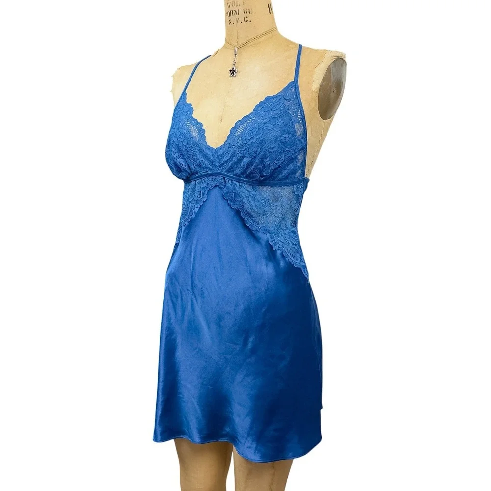 Coquette Blue Lace Chemise Nightie Strappy Back Satin Romantic Dainty One Size